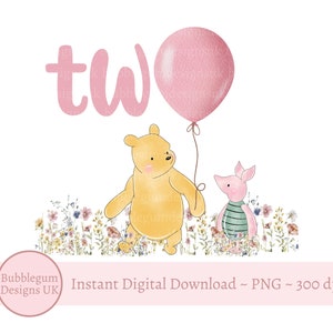 Ursinho Pooh 2º aniversário PNG, design de sublimação de aniversário do Pooh, segundo aniversário rosa, Pooh, leitão, flor silvestre, download digital instantâneo