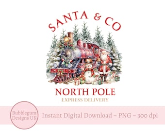 May include: A red and black train with a snowman and Santa Claus standing in front of it. The train is surrounded by snow-covered pine trees. The text "SANTA & CO NORTH POLE EXPRESS DELIVERY" is written in red and gold letters.