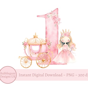 Rosa Prinzessin 1. Geburtstag PNG, Erster Geburtstag Sublimationsdesign, 1. Geburtstag des Mädchens, Prinzessin Wagen-Geburtstag, sofortiger digitaler Download