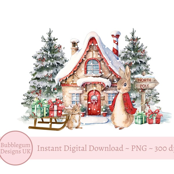 Maison de Noël de lapin PNG, conception de sublimation d'hiver, 1ère conception de carte de Noël, conception de sac de père Noël, lapin, téléchargement numérique instantané