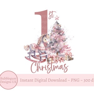 Albero di Natale rosa, cavallo a dondolo, PNG, disegno a sublimazione del primo Natale, disegno per biglietti di Natale, disegno per sacco di Babbo Natale, download digitale istantaneo