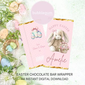 Embalagem de barra de chocolate de Páscoa para impressão, design de coelho e cesta de Páscoa rosa, embalagem de barra de chocolate de 1,55 oz (100 g), download digital instantâneo