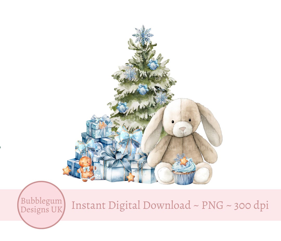 Blue Bunny & Christmas Tree PNG, Christmas Rabbit Sublimation Design ...