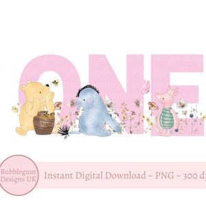 Winnie The Pooh 1er cumpleaños PNG, diseño de sublimación de cumpleaños de Pooh, primer cumpleaños rosa, Winnie Pooh, Piglet, Eeyore, descarga digital instantánea