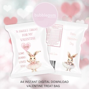 Coelhinha bailarina e balão de coração Some Bunny Loves You Pacote de guloseimas para o dia dos namorados, A4 para impressão JPG, bolsa para dia dos namorados, download digital instantâneo