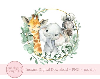 Baby Safari Animals Wreath PNG, Wild One, Two Wild,  Safari Birthday Party Sublimation Design, Jungle, Safari, Instant Digital Download
