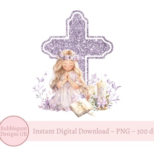 Erstes heiliges Kommunionkreuz PNG, Mädchen 1st Kommunion Sublimationsdesign, lila Blumenkreuz, Bibel, Beten, sofortiger digitaler Download