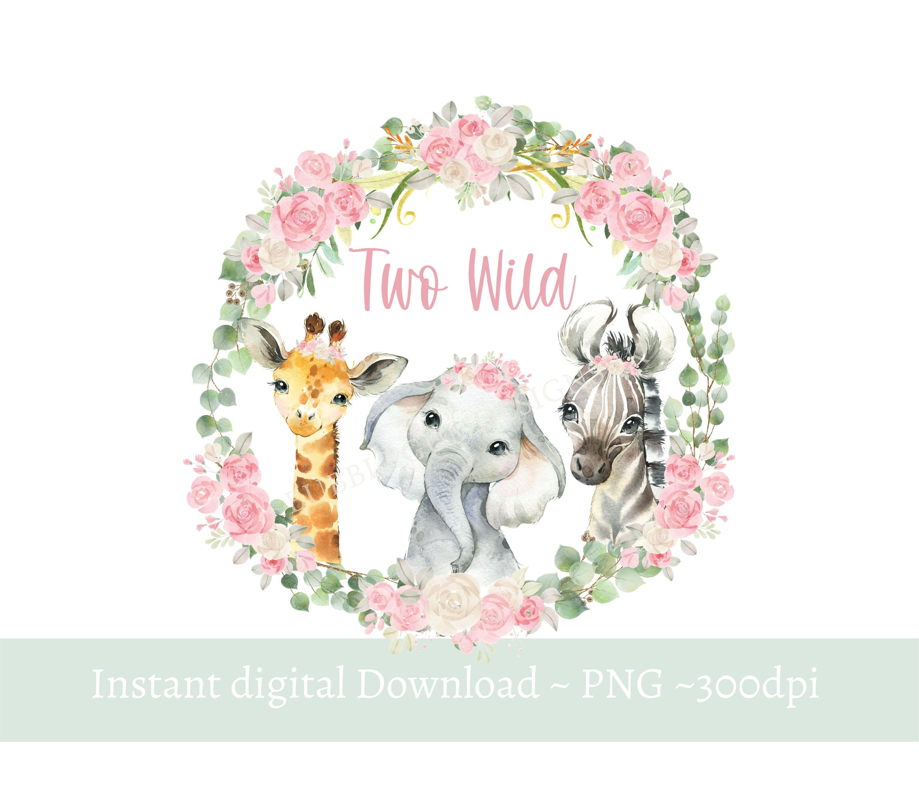 Girls Two Wild Baby Safari Animals Wreath PNG Watercolor Baby Etsy