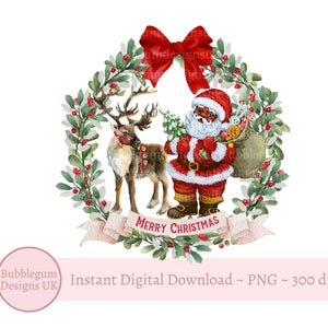Ghirlanda natalizia afroamericana con Babbo Natale e renne in formato PNG, ClipArt natalizie, Design vintage a sublimazione di Babbo Natale, Download digitale istantaneo
