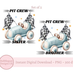 Pit Crew Brother Sister Blue Racing Car Birthday Tee PNG, Design de sublimação de carro de corrida, Design de camiseta de aniversário de família, Download digital instantâneo