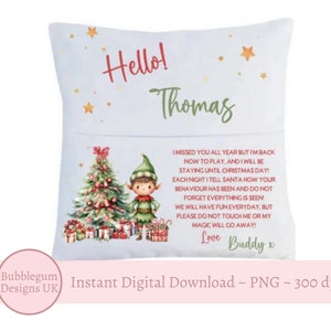 Weihnachtself Buch Kissen PNG, Weihnachtsjunge Elf & Baum Tasche Kissen Clipart, Kissen Sublimation, sofortiger digitaler Download