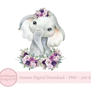 Bébé éléphant violet floral PNG, éléphant aquarelle, design en sublimation, image de carte d'anniversaire, téléchargement numérique instantané