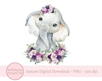 Baby Elephant Purple Floral PNG, Watercolor Elephant, Sublimation Design, Birthday Card image , Instant Digital Download