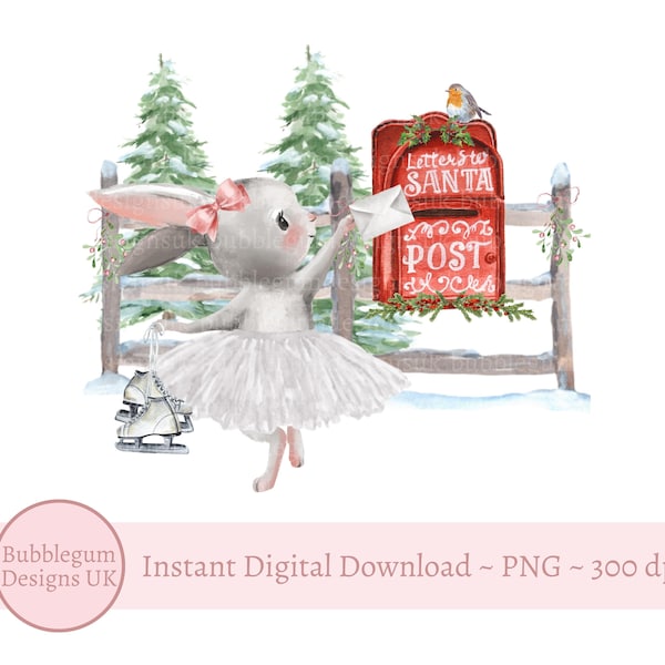 Gray Ballerina Bunny Christmas PNG, Diseño de sublimación de buzón de correo de conejito, Diseño de tarjeta de Navidad, Diseño de saco de Santa, Descarga digital instantánea