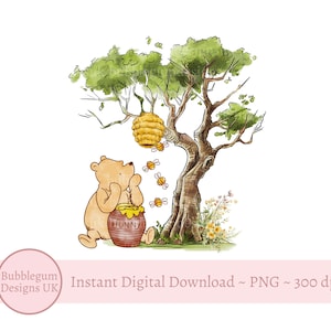 Winnie de Poeh PNG, Winnie sublimatie ontwerp, Pooh Bear verjaardagsfeestje decor, Winnie Pooh bijenkorf boom ontwerp, instant digitale download