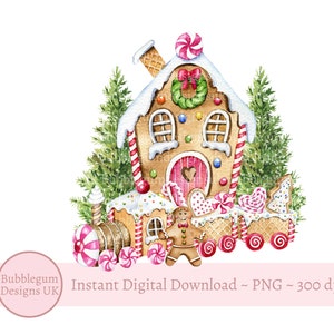 Gingerbread House kerstvakantie PNG, peperkoektrein, kerstsublimatieontwerp, feestelijke snoepjes, instant digitale download