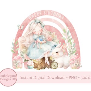 Alice & White Rabbit alles Gute zum Geburtstag Regenbogen PNG, Alice Sublimationsdesign, rosa Regenbogen, Mädchen Geburtstag Clip Art, sofortiger digitaler Download