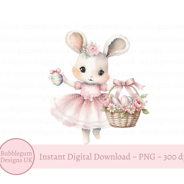 Pink Easter Bunny & Basket Sublimation Design, 1st Easter, PNG, Easter Bunny Rabbit, Girls 1st Easter, Tutu Bunny, Instant Digital Download