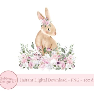 Kaninchen in rosa Pastellblumen - Kaninchen Sublimationsgrafik, PNG, rosa Rosen Häschen, Geburtstagskartendesign, sofortiger digitaler Download