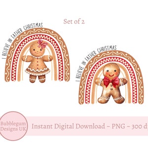 Set van 2 - Gingerbread Boy Girl Rainbow PNG, I Believe in Father Christmas, Christmas PJ Sublimation, Santa Sack, Instant Digitale Download