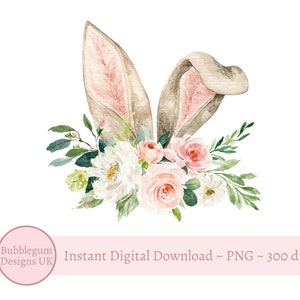 Blush Floral Easter Bunny Ears PNG, Easter Clip Art, Easter Stickers, Sublimation Design, Transfer, Instant Digital  Download