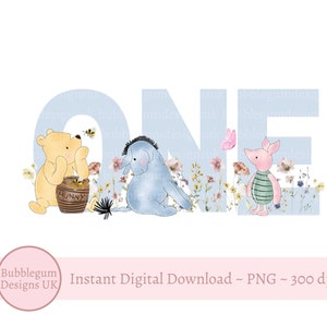 Winnie l'ourson 1er anniversaire PNG, conception de sublimation d'anniversaire d'ourson, bleu 1er anniversaire, Winnie l'ourson, porcelet, Bourriquet, téléchargement numérique instantané