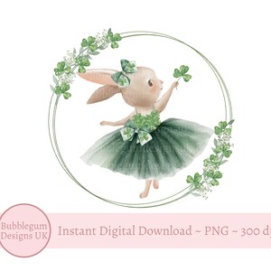 Cute Tutu Bunny Shamrock Wreath PNG, St Patrick&#39;s Day Girl&#39;s T Shirt Sublimation, Irish Holiday, Four Leaf Clover, Instant Digital Download
