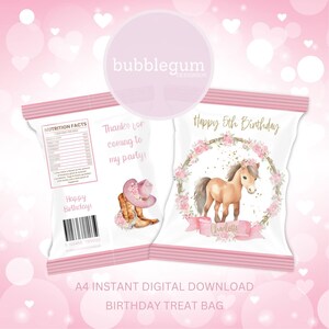 Pacote de guloseimas rosa para festa de aniversário de cavalo e pônei, JPG A4 para impressão, sacola de guloseimas para o dia das mães, sacola para salgadinhos, sacola para salgadinhos, download digital instantâneo