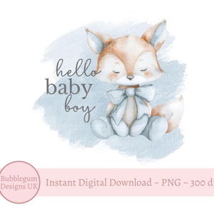 Hola bebé niño lazo azul zorro PNG, diseño de sublimación para bebé recién nacido, baby shower, chaleco para bebé recién nacido, clipart de hola bebé, descarga digital instantánea