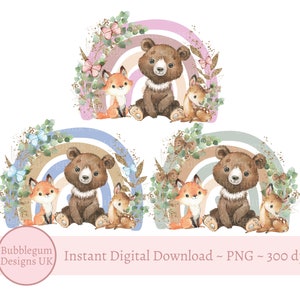 3er-Set - Pink Blau Neutrale Waldtiere Regenbogen PNG, Bär Clipart, Baby Reh, Fuchs, Waldtier Design, sofortiger digitaler Download