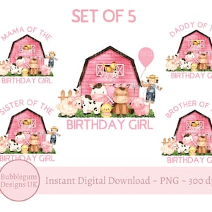 Ensemble rose de fille d'anniversaire de grange de ferme PNG, conception de sublimation d'animaux de ferme, T-shirts de partie de ferme de filles, maman, papa, téléchargement numérique instantané