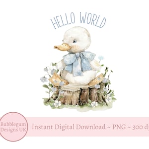 Hallo Welt blaue Bogen Ente PNG, neues Baby Sublimationsdesign, Babyparty, Baby Jungen Weste, Hallo Baby Clipart, sofortiger digitaler Download