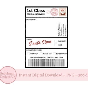 Etiqueta de envio de Natal A4, JPG, etiqueta de encomenda, etiqueta de postagem de entrega especial, design de adesivo de postagem, Pólo Norte, download digital instantâneo