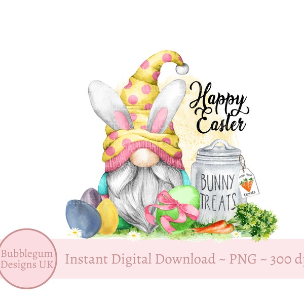 Joyeuses Pâques Gnome PNG, Gnome de lapin de Pâques, Design en sublimation de Pâques, friandises de lapin, téléchargement immédiat