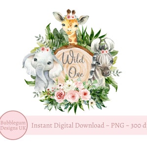Wild One Baby Safari Tiere Log Scheibe PNG, Aquarell Babytiere, T-Shirt Sublimation Design, Geburtstagskarte Bild, sofortiger digitaler Download,