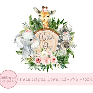 Wild One Baby Safari Animals Log Slice PNG, Watercolor Baby Animals,T Shirt Sublimation Design,Birthday Card image,Instant Digital Download,