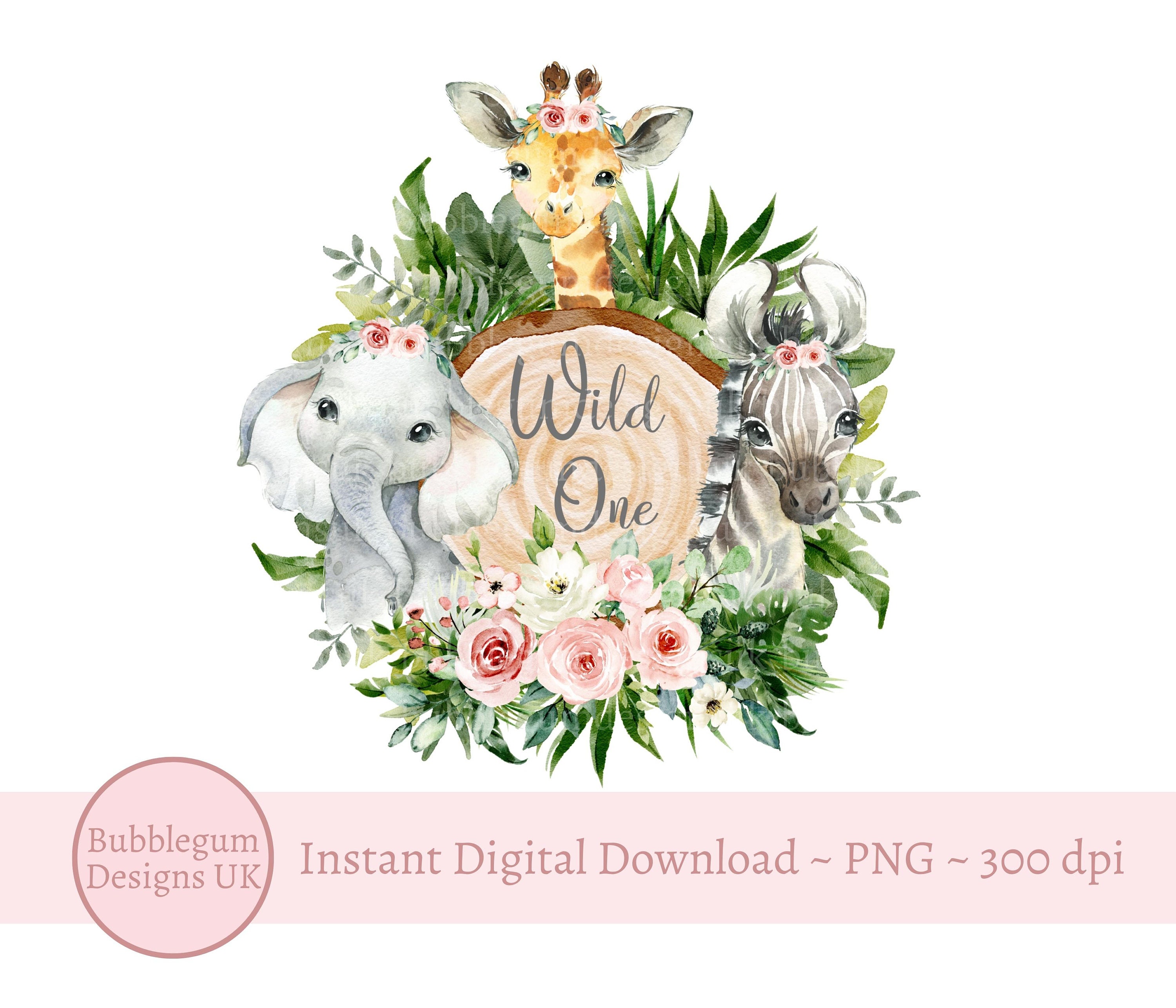 Wild One Baby Safari Animals Log Slice PNG, Watercolor Baby Animals,t ...