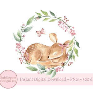 Baby Deer Rosa Blumenkranz PNG, Baby Girl Sublimation Design zum ersten Geburtstag, Wald Hirsch, 1
