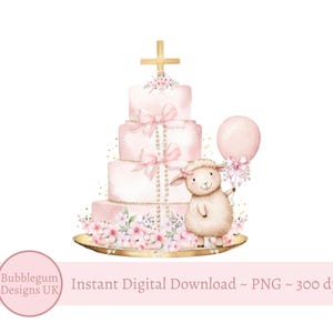 Torta di battesimo rosa e agnello PNG, design di sublimazione del battesimo, design cristiano, battesimo della bambina, download digitale istantaneo