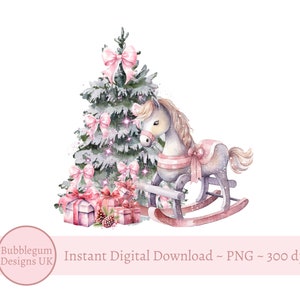 Albero di Natale rosa a dondolo a forma di cavallo PNG, Design di sublimazione dell'albero di Natale, Design del biglietto di Natale, Design del sacco di Babbo Natale, Download digitale istantaneo