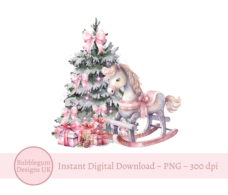 May include: A watercolor illustration of a Christmas tree decorated with pink bows and a rocking horse with a pink ribbon. The tree is covered in snow and has a sparkly effect. There are presents wrapped in pink and purple paper under the tree.