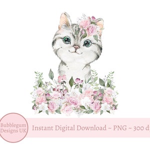 Kitten in Pink Pastel Flowers - Kitten Cat Sublimation Graphic, PNG, Pink Roses Cat, Birthday Card Design, Instant Digital Download