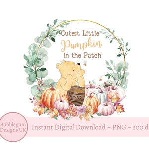 Klassieke Winnie de Poeh bloemenpompoenkrans PNG, baby Halloween-sublimatie, schattigste kleine pompoen in de patch, instant digitale download
