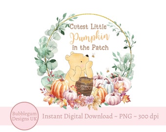Klassieke Winnie de Poeh bloemenpompoenkrans PNG, baby Halloween-sublimatie, schattigste kleine pompoen in de patch, instant digitale download