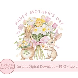 Glücklicher Muttertag Mama & Baby Bunny Pink Blumen Sublimationsdesign, PNG, Muttertagskartendesign, Sofortiger digitaler Download