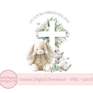 Croce del battesimo del coniglietto verde PNG, nel giorno del tuo battesimo, disegno di sublimazione del coniglietto, croce verde, croce del battesimo, download digitale istantaneo
