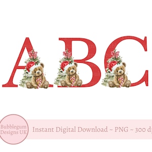 Weihnachten Teddybär Rot Alphabet PNG, Weihnachten 26 einzelnen Buchstaben Alphabet Clipart, Weihnachtsalphabet, sofortiger digitaler Download