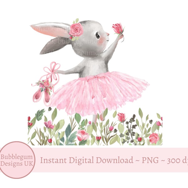 Pink Tutu Bunny in Wildflowers PNG, Sublimation Design, New Baby, Baby Shower, Birthday Girl, Rabbit Clip Art, Instant Digital Download