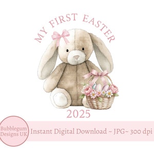Rosa mein erstes Ostern 2025 Lop Ohrhäschen-u. Korb-Sublimationsentwurf, PNG, Osterhase, 1.Ostern, Häschen, sofortiger digitaler Download