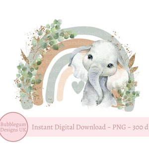Neutral Elephant Rainbow PNG, Cute Elephant Clipart, New Baby Card Design, Safari Birthday, Instant Digital Download